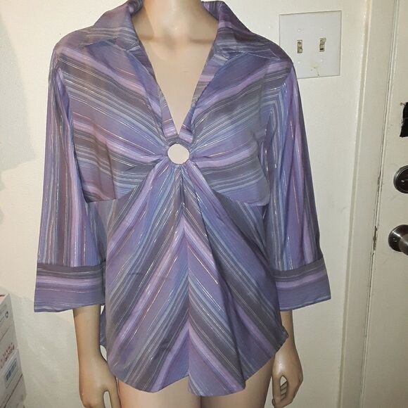 Womens HANNAH stretch, 1X purple striped blouse - Picture 1 of 8